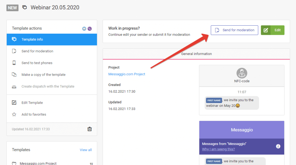 Send template for moderation