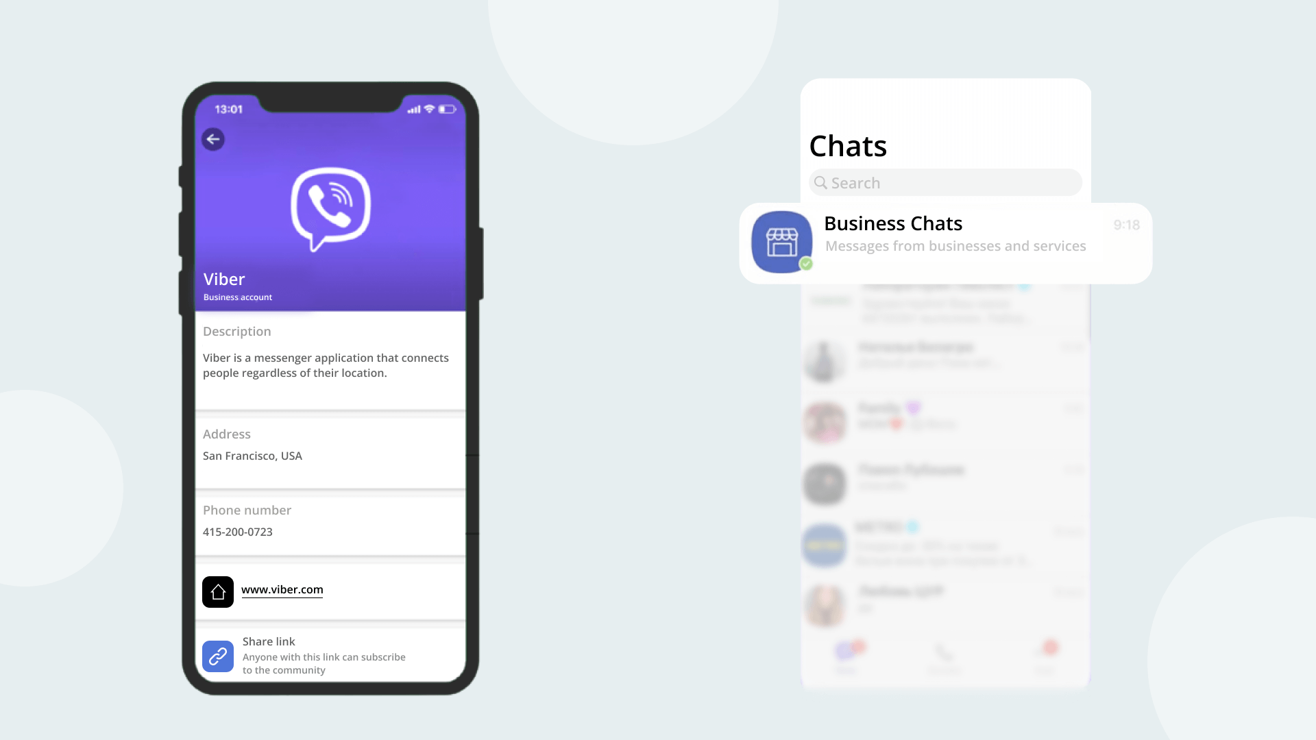 Viber Business Profile interface and Viber Business Chats in the user’s Viber app